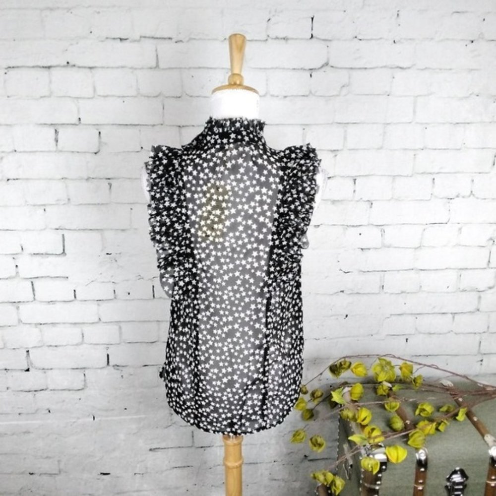 Elan Star Print Ruffled Sleeveless High Collar Top In Black Size Small - Picture 3 of 7